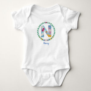 Body Para Bebé Letras florales iniciales "N" con nombre personali