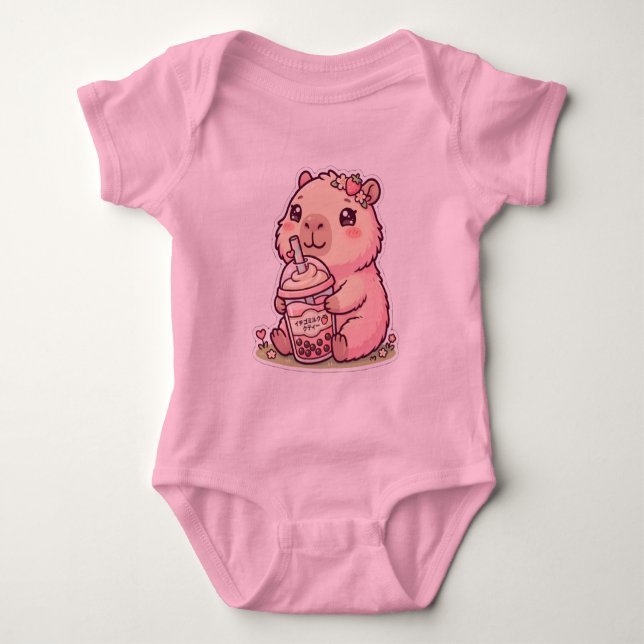Body Para Bebé Lindo Chibi Capybara Bebiendo Leche de Boba de Fre (Anverso)