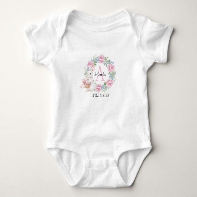 Body Para Bebé Little Sister Bunny Personalized Pink Rose (Anverso)