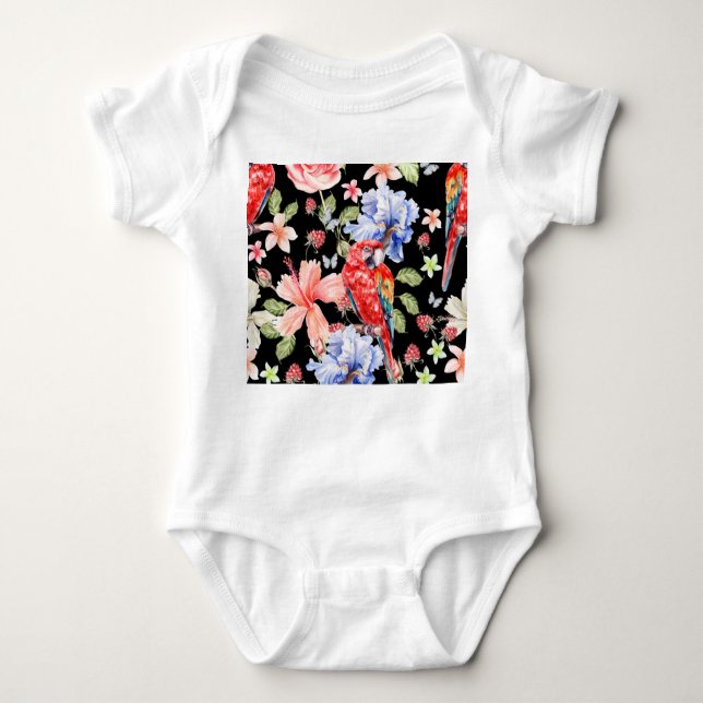 Body Para Bebé Loro acuarela: Romance de patrón floral. (Anverso)