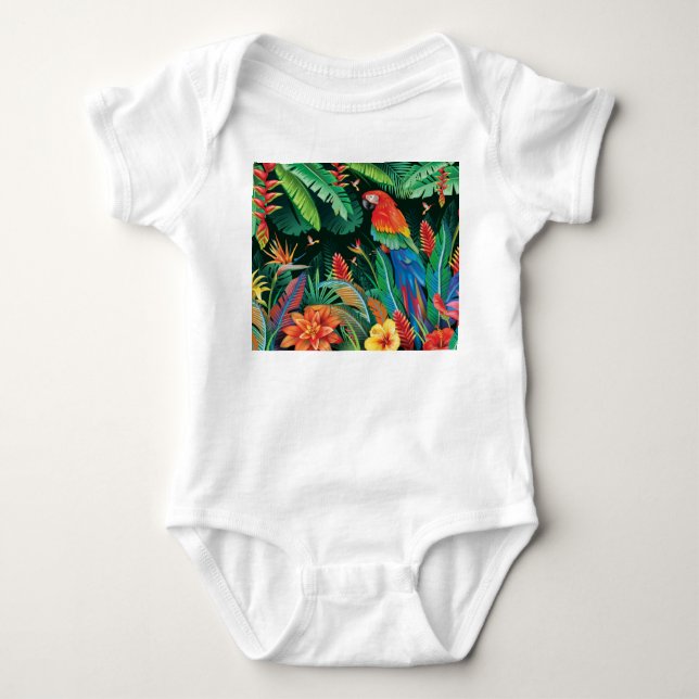 Body Para Bebé Loro tropical: fondo floral exótico. (Anverso)