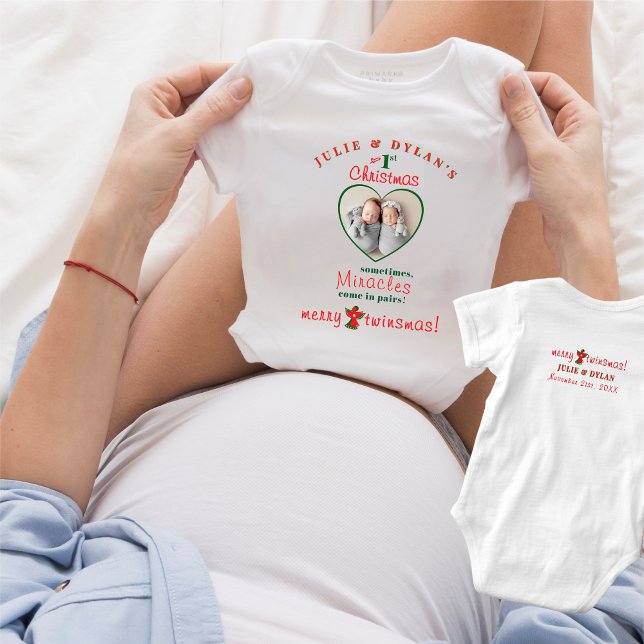 Body Para Bebé Los Milagros Gemelos Vienen En Pareja Bebé Primero (Twins Miracles Come In Pairs Heart Photo Collage Merry Twinsmas Baby 1st Christmas Baby Bodysuit)