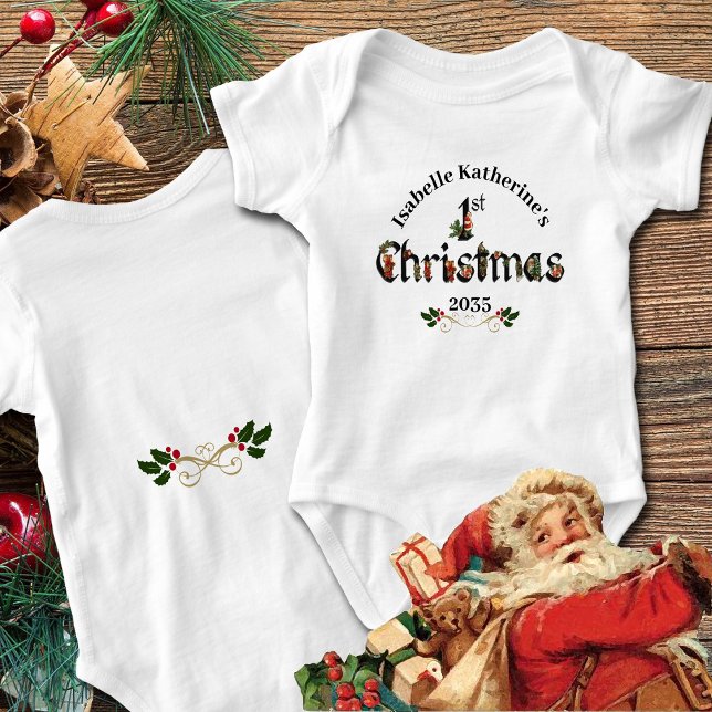 Body Para Bebé Los primeros amigos de la cosecha navideña (Personalized baby bodysuit for Baby's first Christmas.  Pretty design with vintage Santas.)
