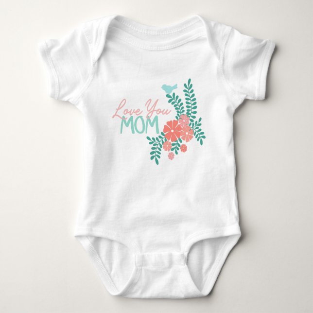 Body Para Bebé Love you mom text in blue pink floral design (Anverso)
