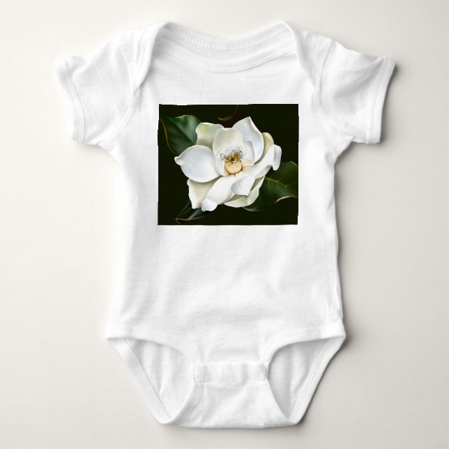 Body Para Bebé Magnolia blanca cierra fondo verde (Anverso)
