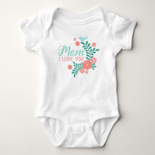 Body Para Bebé Mamá te amo texto, pájaro azul, flores rosas