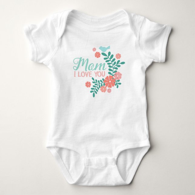 Body Para Bebé Mamá te amo texto, pájaro azul, flores rosas (Anverso)
