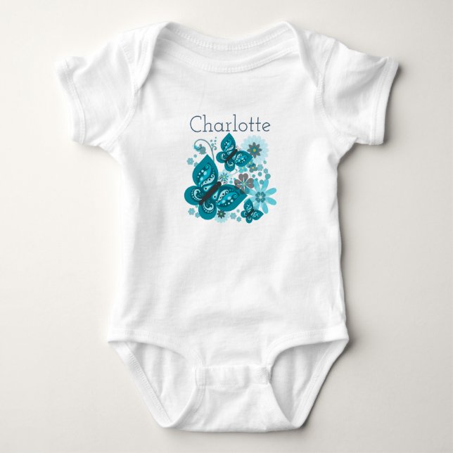 Body Para Bebé Mariposas y flores (azul) (Anverso)