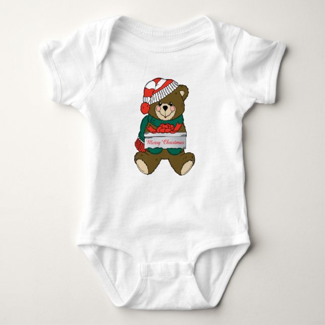 Body Para Bebé Merry Christmas Teddy Bear with Present (Anverso)