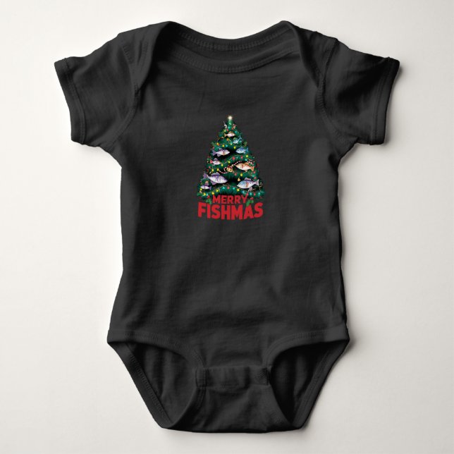 Body Para Bebé Merry Fishmas Christmas Tree Enfoca la pesca de pe (Anverso)