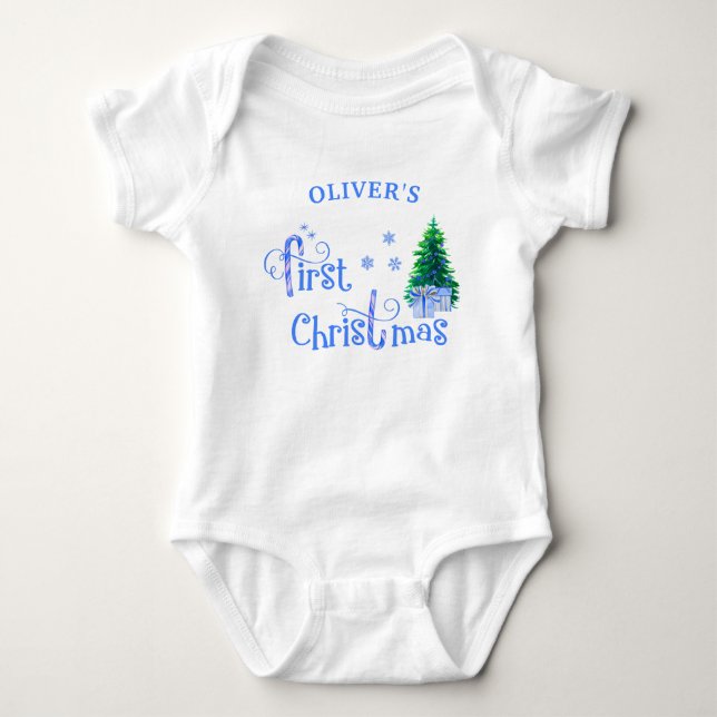 Body Para Bebé Mi primer árbol de Navidad azul y regalos (Anverso)