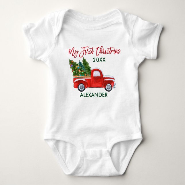 Body Para Bebé Mi primer camioneta de Navidad de época verde rojo (Anverso)