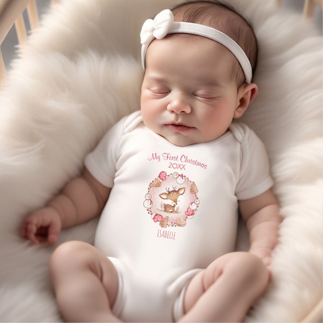 Body Para Bebé Mi primer Chica rosa de nombre personalizado de ci (My First Christmas Deer Custom Name Pink Girl Baby Bodysuit)