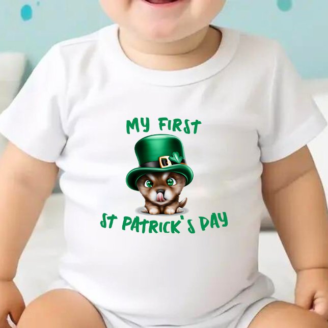 Body Para Bebé Mi primer Gorra de San Patricio (my first St. Patrick's day baby bodysuit with a cute puppy dog wearing a leprechaun hat)