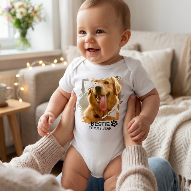 Body Para Bebé Modern Chic Pet Bestie BFF Custom Photo & Name (Minimalist Modern Chic Pet Bestie BFF Photo Design Bodysuit)