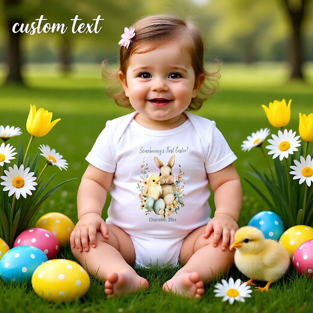 Body Para Bebé Mono de conejito personalizable de acuarela 🐇emoc (Watercolor Customizable 🐇Egg-citing Bunny Romper)