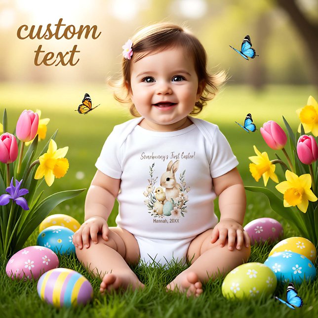 Body Para Bebé Mono de conejito personalizable de acuarela 🐇Emoc (Watercolor Customizable 🐇Egg-citing Bunny Romper)