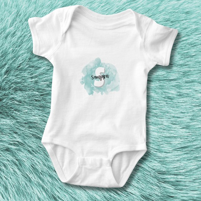 Body Para Bebé Monograma azul verde azulado Niño (Cute Modern Watercolor Teal Blue Monogram Baby Boy Baby Bodysuit)