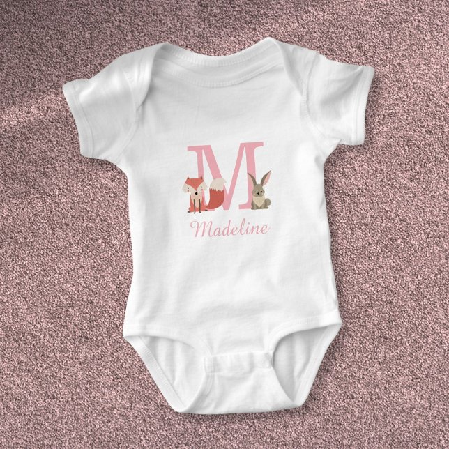 Body Para Bebé Monograma Rosa Animales del Bosque Encantador (Cute Forest Woodland Animals Pink Monogram Baby Bodysuit)