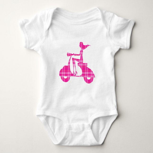 Body Para Bebé moto chica rosa gingham blanca (Anverso)