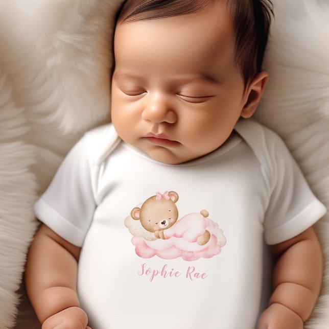 Body Para Bebé Nacida Recién Nacida Nombra Oso Rosa (Newborn Baby Girl Name Pink Bear Baby Bodysuit)