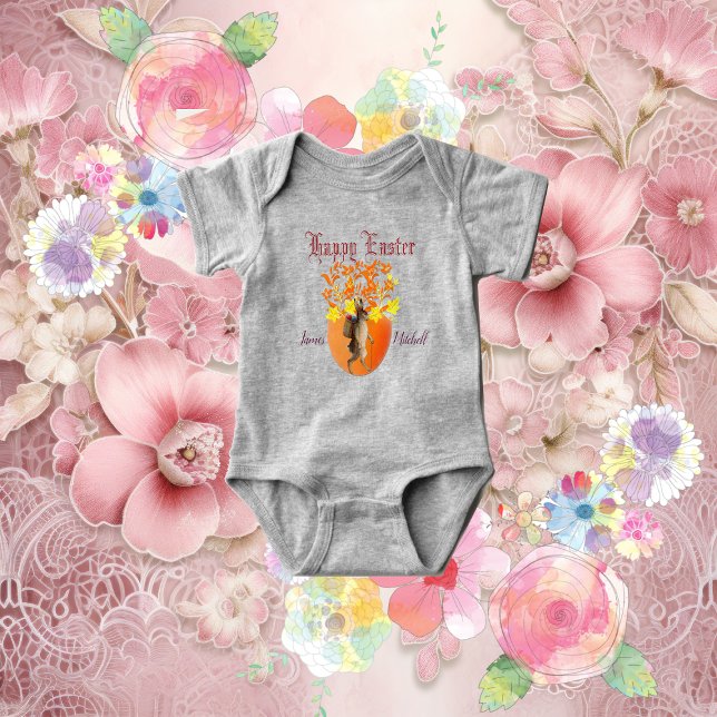 Body Para Bebé Naranja Flores Feliz Huevo de Pascua Diversión col (Orange Flowers Happy Easter Egg Bunny Colorful Fun Baby Bodysuit)