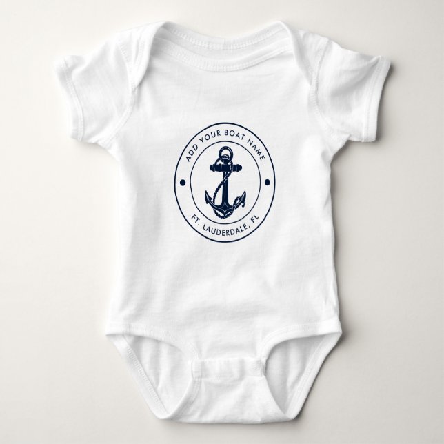 Body Para Bebé Nautical Bote Name Navy Blue Anchor Boating Person (Anverso)