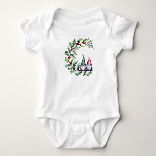 Body Para Bebé Navidades Acuarela Gnomes Sentados En Holly Twig