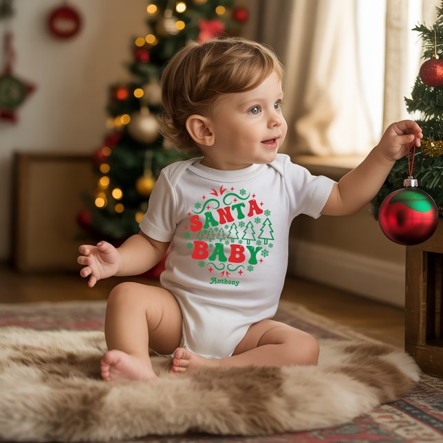 Body Para Bebé Navidades Retro Personalizados de Santa Bebé (Santa Baby Personalized Retro Christmas Baby Bodysuit)