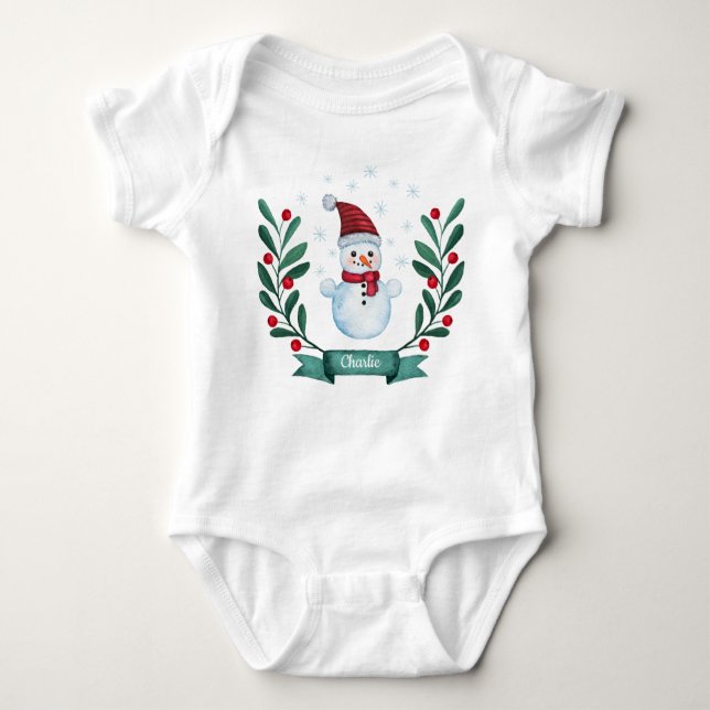 Body Para Bebé Navidades Watercolor Snowman Personalizado (Anverso)