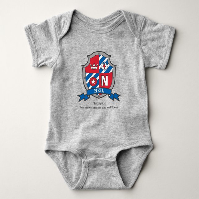 Body Para Bebé Neil boys nombre y significa pájaro escudo azul ro (Anverso)
