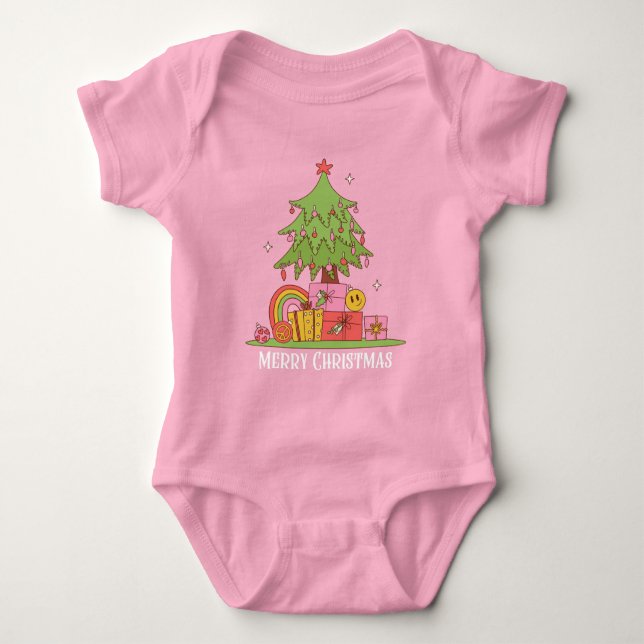 Body Para Bebé Niña Bebé Árbol de Navidad Retro Rosa  (Anverso)