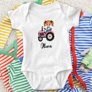 Body Para Bebé Niña Linda en Tractor Rosa Personalizado