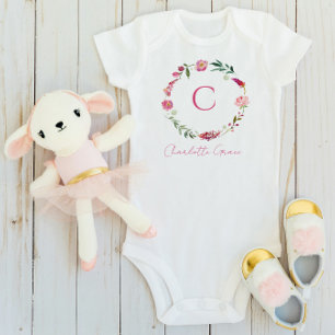 Body Para Bebé Niña Monograma Floral Acuarela Rosa