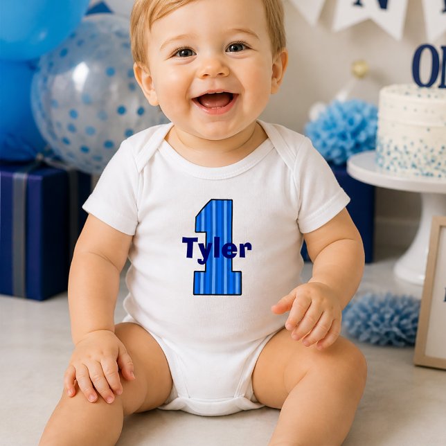 Body Para Bebé Niño de primer cumpleaños con rayas azules (Blue Striped First Birthday Boy Baby Bodysuit)