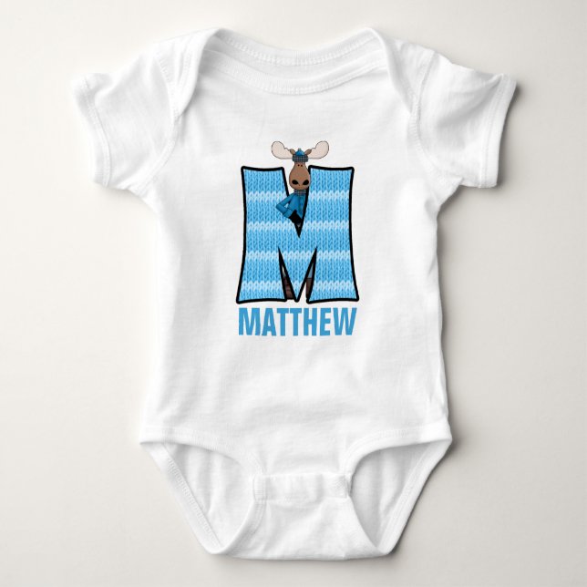 Body Para Bebé Niños "M" Monogramados | Blue Knit Moose (Anverso)