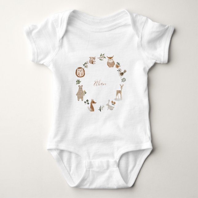 Body Para Bebé Niños Woodland Animales Nombre Personalizado Acuar (Anverso)