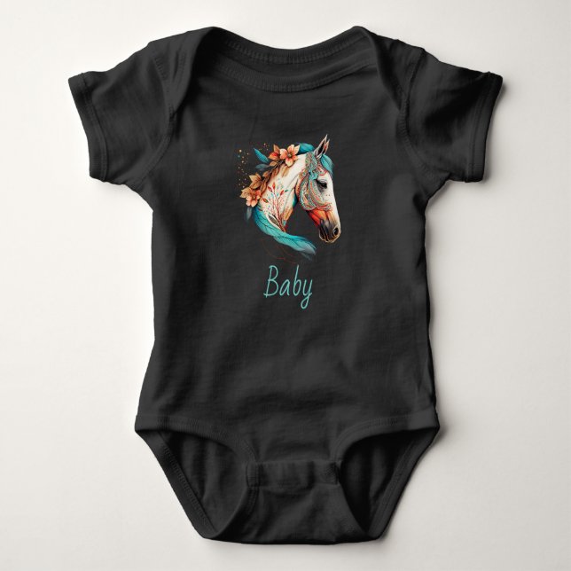 Body Para Bebé Nombre de bebé Monograma Boho Bonito Caballo Azul  (Anverso)