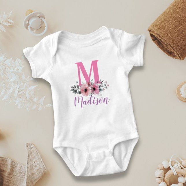 Body Para Bebé nombre de familia personalizado flores acuarela mo (custom family name watercolor flowers monogram baby bodysuit)