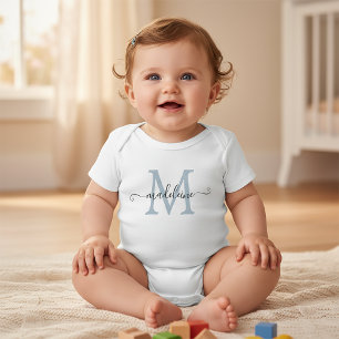 Body Para Bebé Nombre de guión personalizado Monograma Bebé Azul