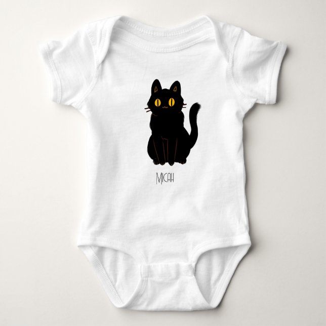 Body Para Bebé Nombre de monograma de gato negro adorable (Anverso)