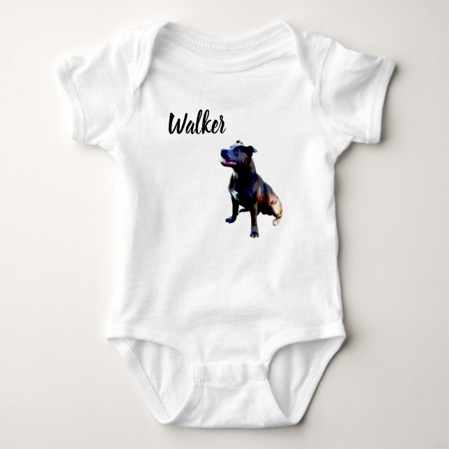 Body Para Bebé Nombre de Walker con Staffordshire Bull Terrier, (Anverso)