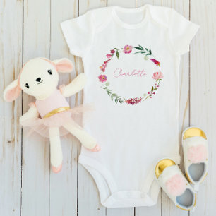 Body Para Bebé Nombre Escritura Niña Floral Acuarela Rosa