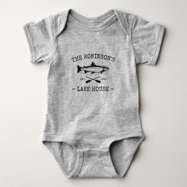 Body Para Bebé Nombre Familiar Lago Casa Pescado Rústico Oars Gra (Anverso)