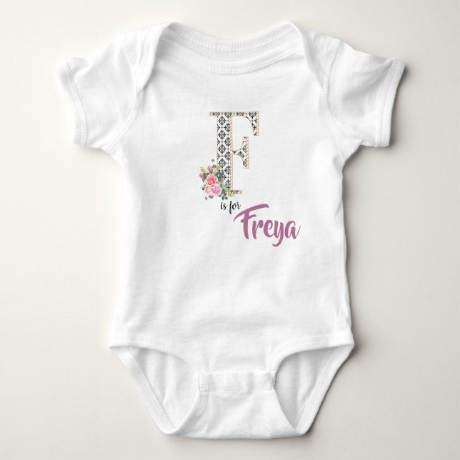 Body Para Bebé Nombre Freya Revelar Traje Letra F Romper Floral (Anverso)