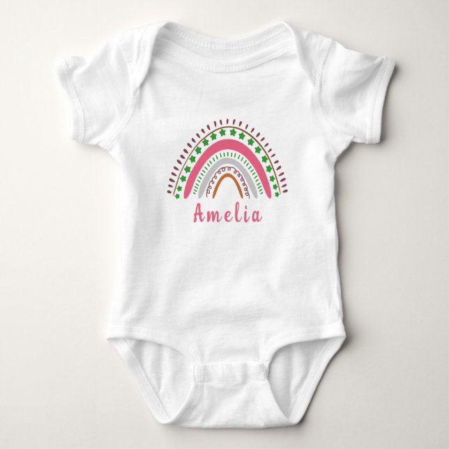 Body Para Bebé Nombre personalizado con arcoiris de Boho capricho (Anverso)