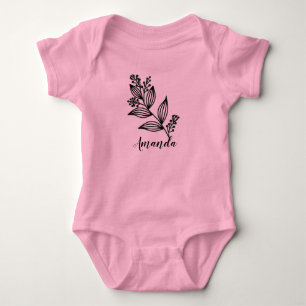 Body Para Bebé Nombre personalizado de botánica floral negra