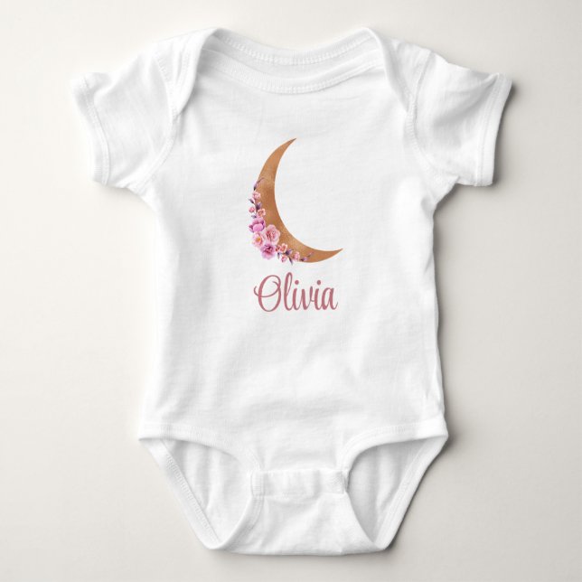 Body Para Bebé Nombre personalizado de la luna floral dorada (Anverso)