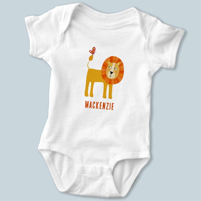 Body Para Bebé Nombre personalizado de león corto (Cute lion personalized baby bodysuit)