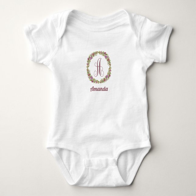 Body Para Bebé Nombre personalizado Monograma A floral (Anverso)